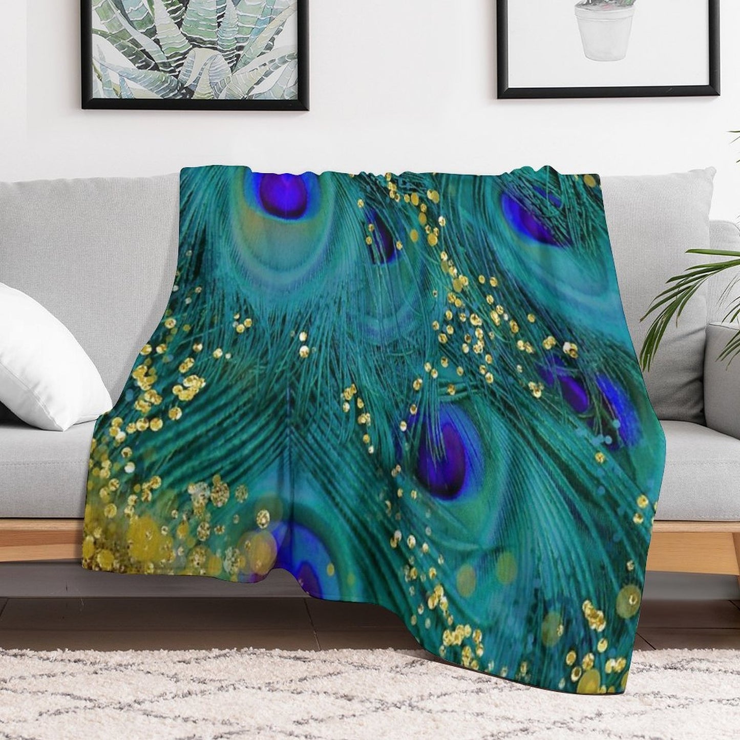 Dreamy Peacock Feathers, Teal And Purple, Glimmering Gold Travel-friendly Throw Blanket