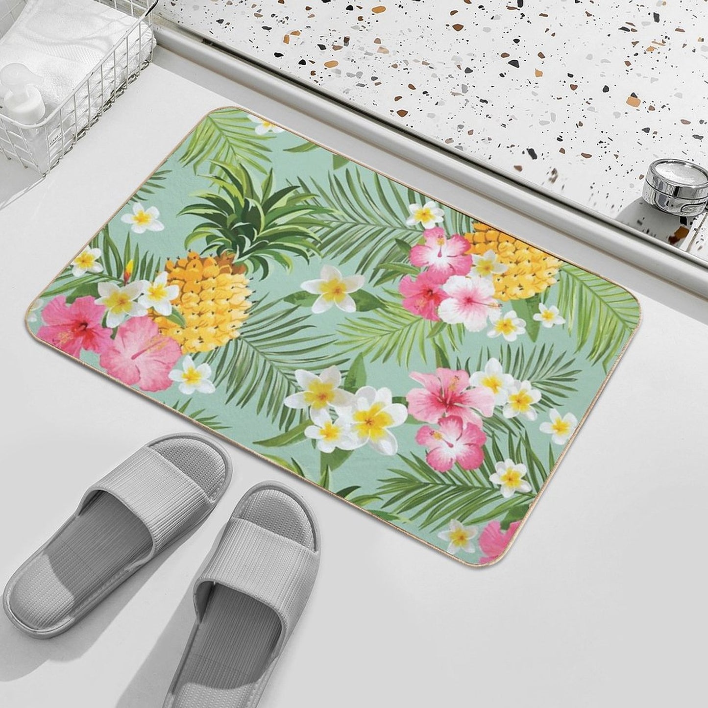 Hawaiian Pineapple And Tropical Flowers  Repositionable Bath Mat