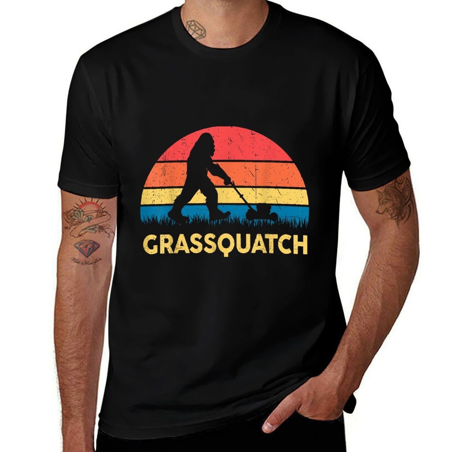 Lawn-Mowing Grassquatch Bigfoot Funny Mower Gardening Dad  Oversized Silhouette T-Shirt