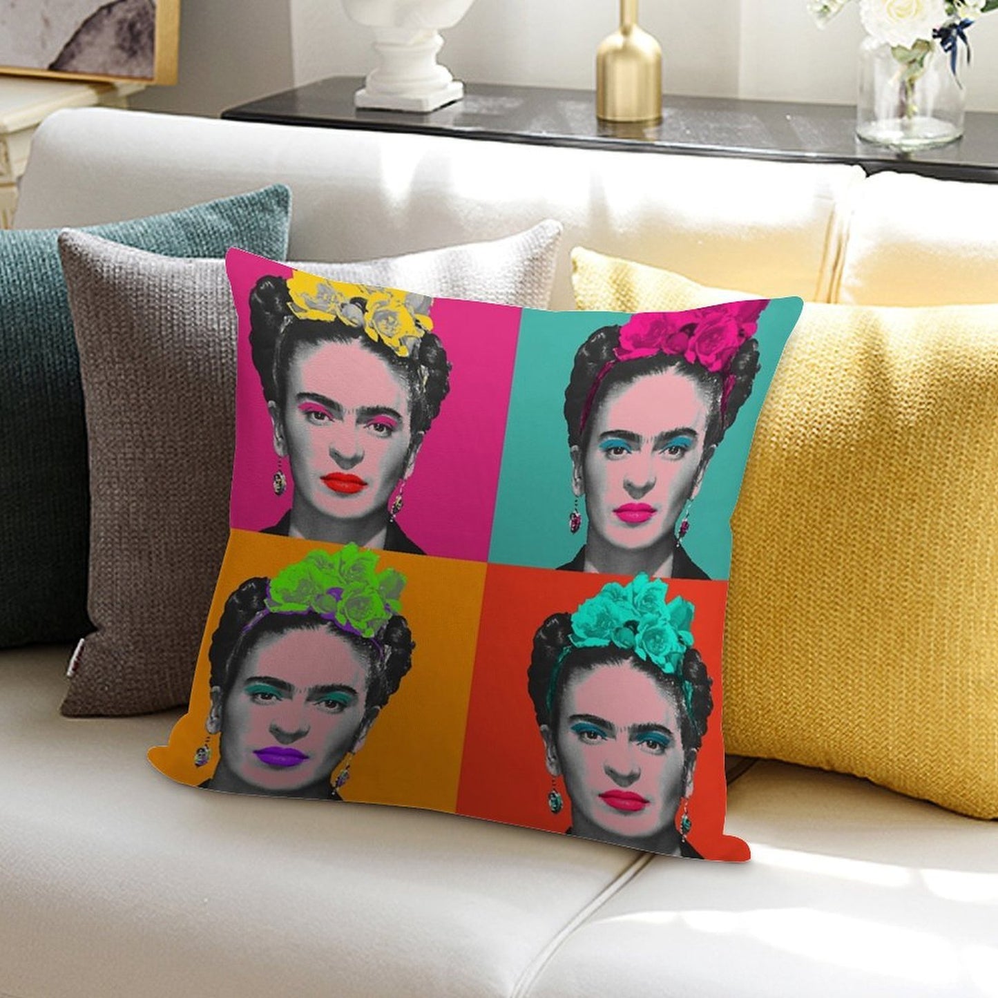 Frida Khalo Pop Portrait Like in Andy Warhol Paint! - Colorful - Digital Paint by Iona Art Digital Soft Luxury Feel Throw Pillow