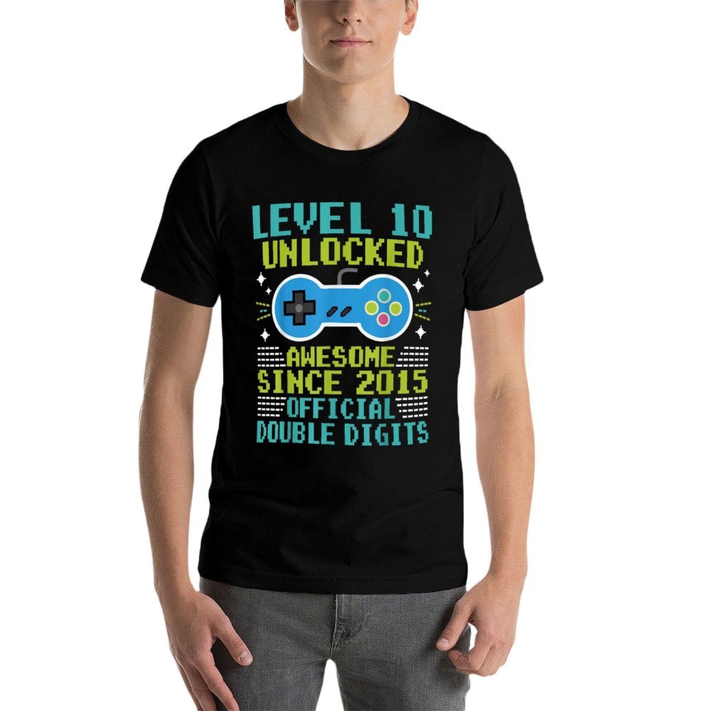 10th Birthday Boys Level 10 Unlocked Awesome Since 2015  Polyester Blend T-Shirt