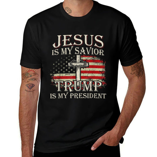 Jesus Is My Savior Trump Is My President American Flag  Trendy Pattern T-Shirt