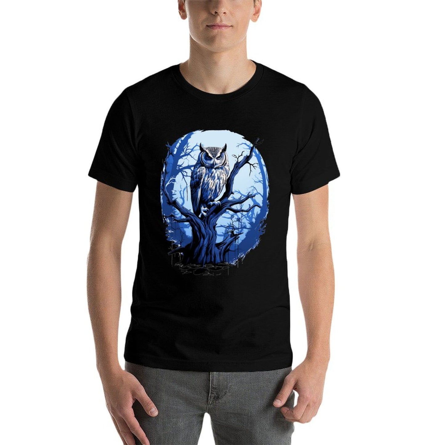 Twilight Blue Impressionist Owl on Skeletal Tree  High-quality Stitching T-Shirt