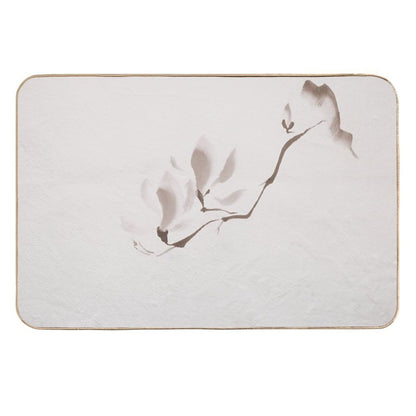 Elegant Magnolia Branch Japanese Zen Floral Illustration on Light Beige Background Art Print  Easy To Clean Bath Mat