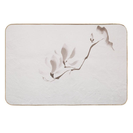 Elegant Magnolia Branch Japanese Zen Floral Illustration on Light Beige Background Art Print  Easy To Clean Bath Mat