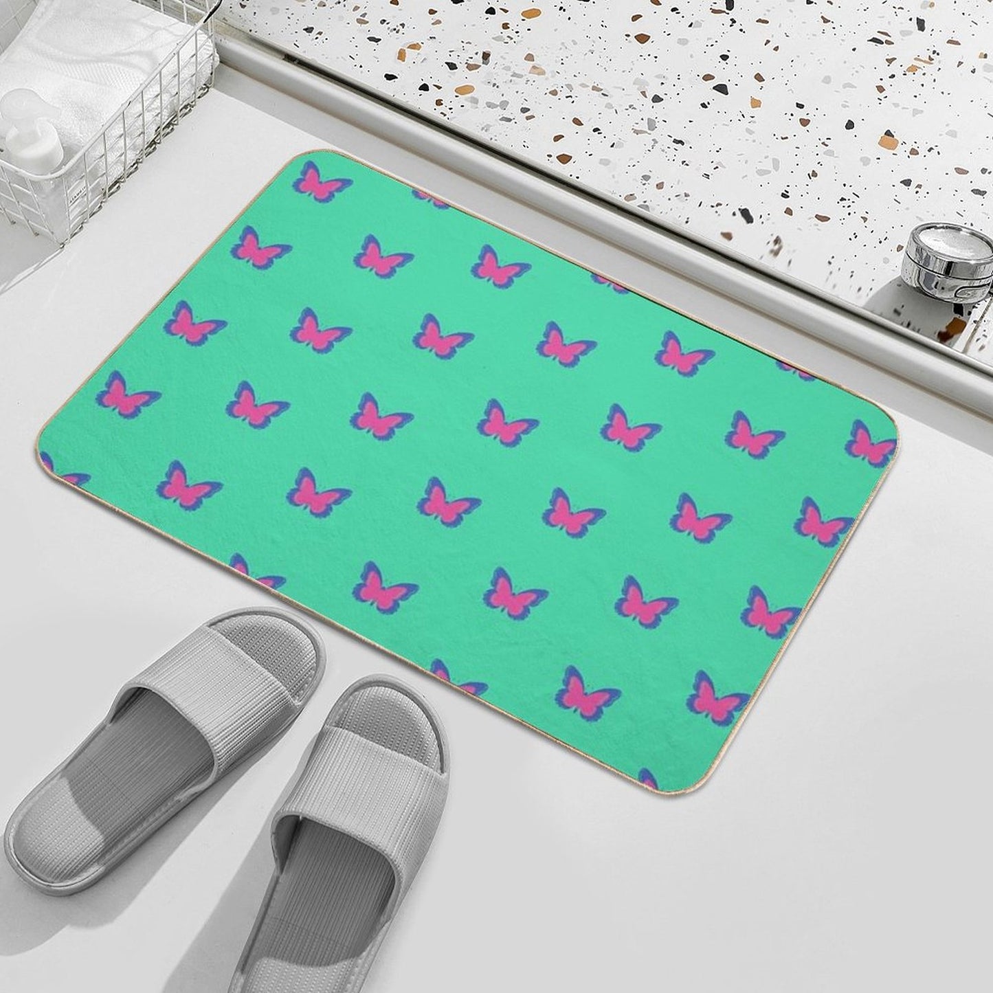Blue And Pink Butterflies on Mint Green  Repositionable Bath Mat