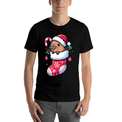 Cute Capybara Wearing Santa Hat in Christmas Stocking Pajama  Rolled Sleeves T-Shirt