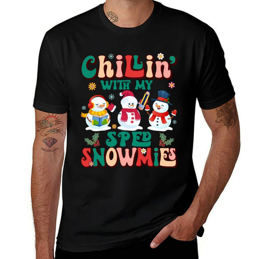 Retro Groovy Chillin With My SPED Snowmies Xmas Teacher  Wrinkle-resistant T-Shirt