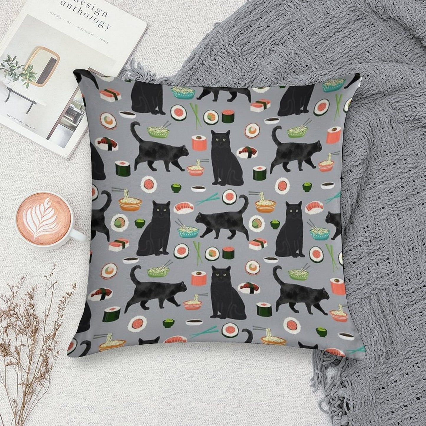 Black Cat Sushi Animal Gifts Soft Easy Maintenance Throw Pillow
