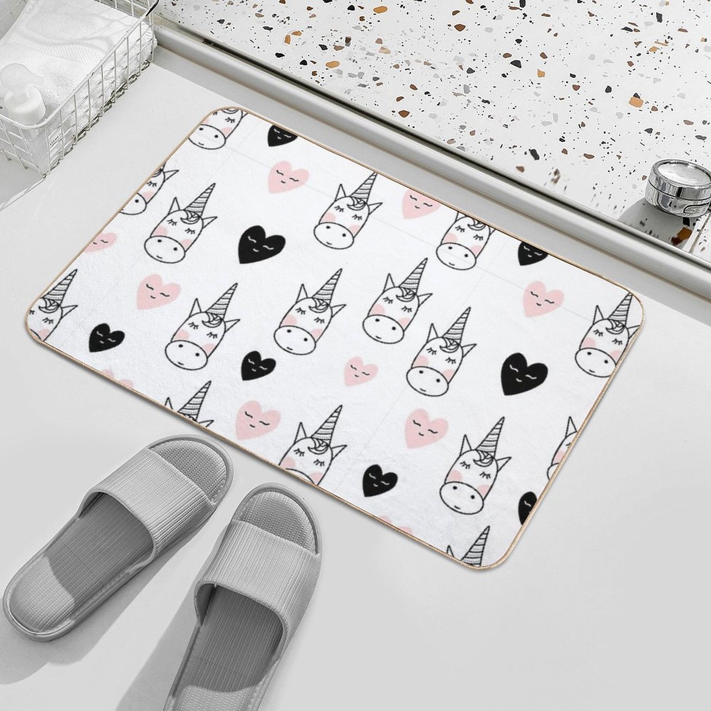Lovely Unicorns And Hearts - Pink, Black, Grey  Gray  Non-Slip Bath Mat