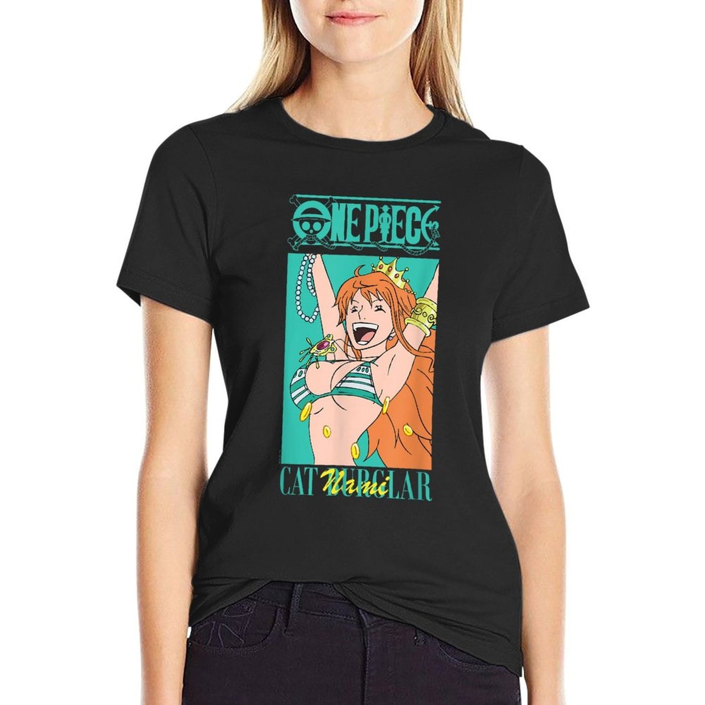 One Piece Anime Cat Burglar Nami Teal Logo  Oversized Silhouette T-Shirt