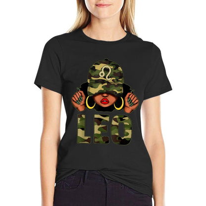 Leo Queen Black Woman With Cap Camo Afro Girl Zodiac  Versatile T-Shirt