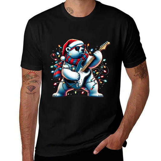 Funny Santa Polar Bear Christmas Guitar Player Light Xmas  Rolled Sleeves T-Shirt