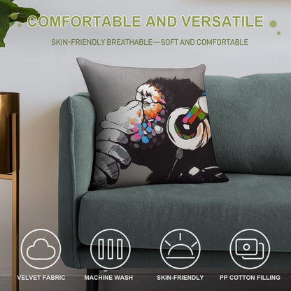 Banksy DJ Monkey Thinker with Headphones Soft Bedroom Essential Throw Pillow