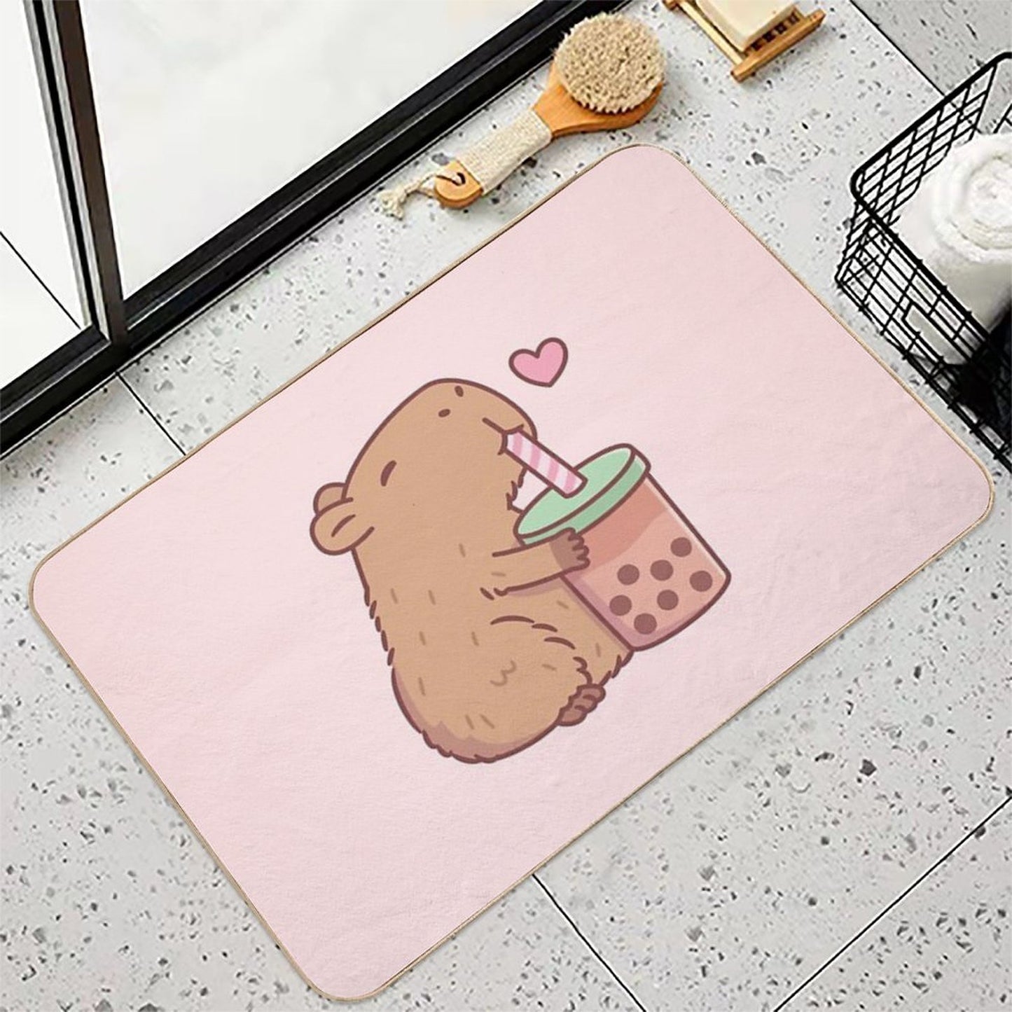 Cute Capybara Loves Bubble Tea  Anti-Trip Bath Mat