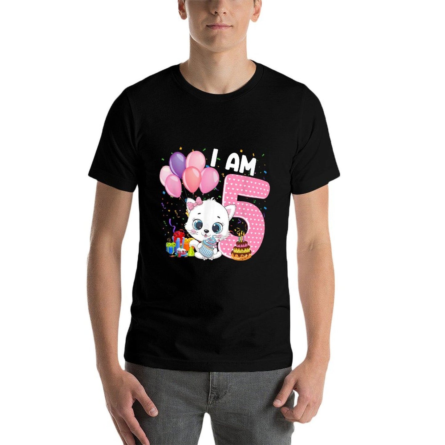 5 Years Old 5th Birthday Gift Kitty Girl Loves Cute Meow Cat  Lightweight T-Shirt
