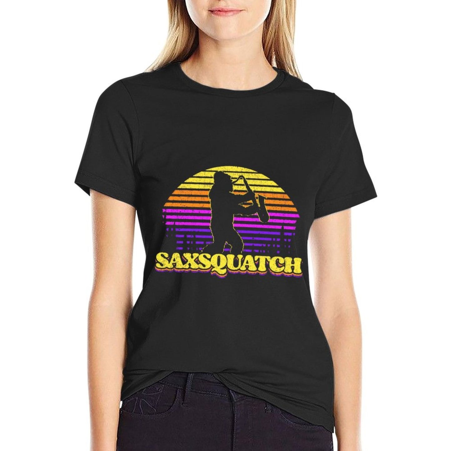 Saxsquatch Sunset Retro Funky Bigfoot Playing Saxophones  Cotton T-Shirt