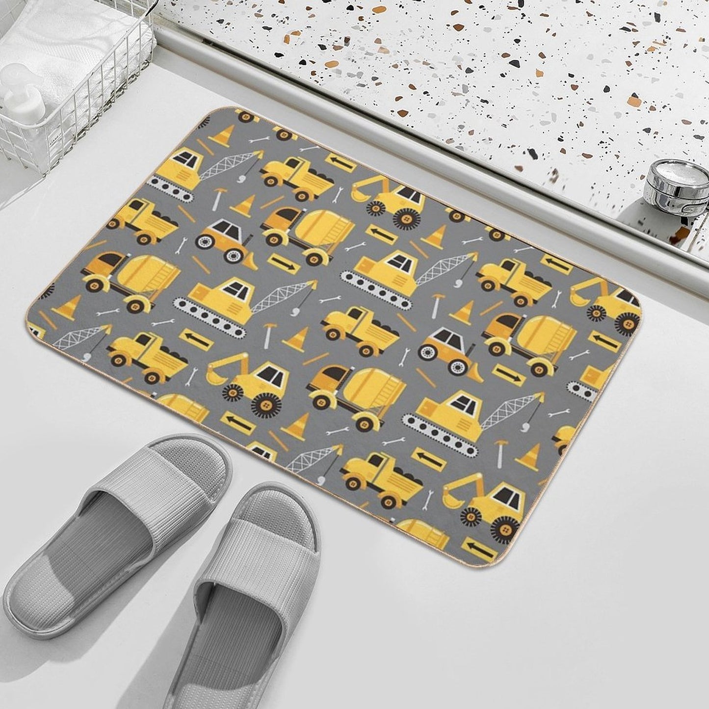 Construction Trucks on Gray  Repositionable Bath Mat