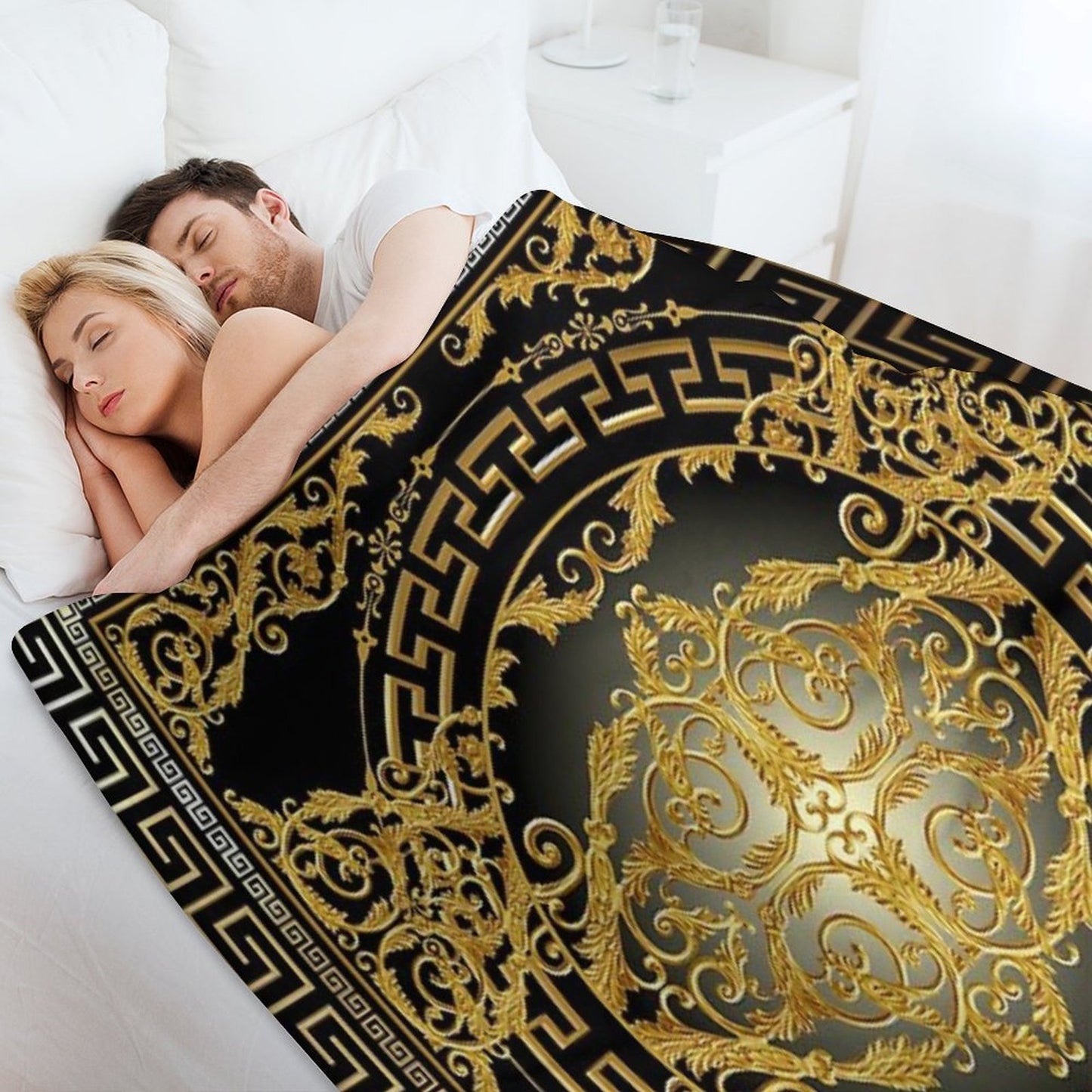 Greek Keys 3 Black Golden White Baroque Style Durable Throw Blanket