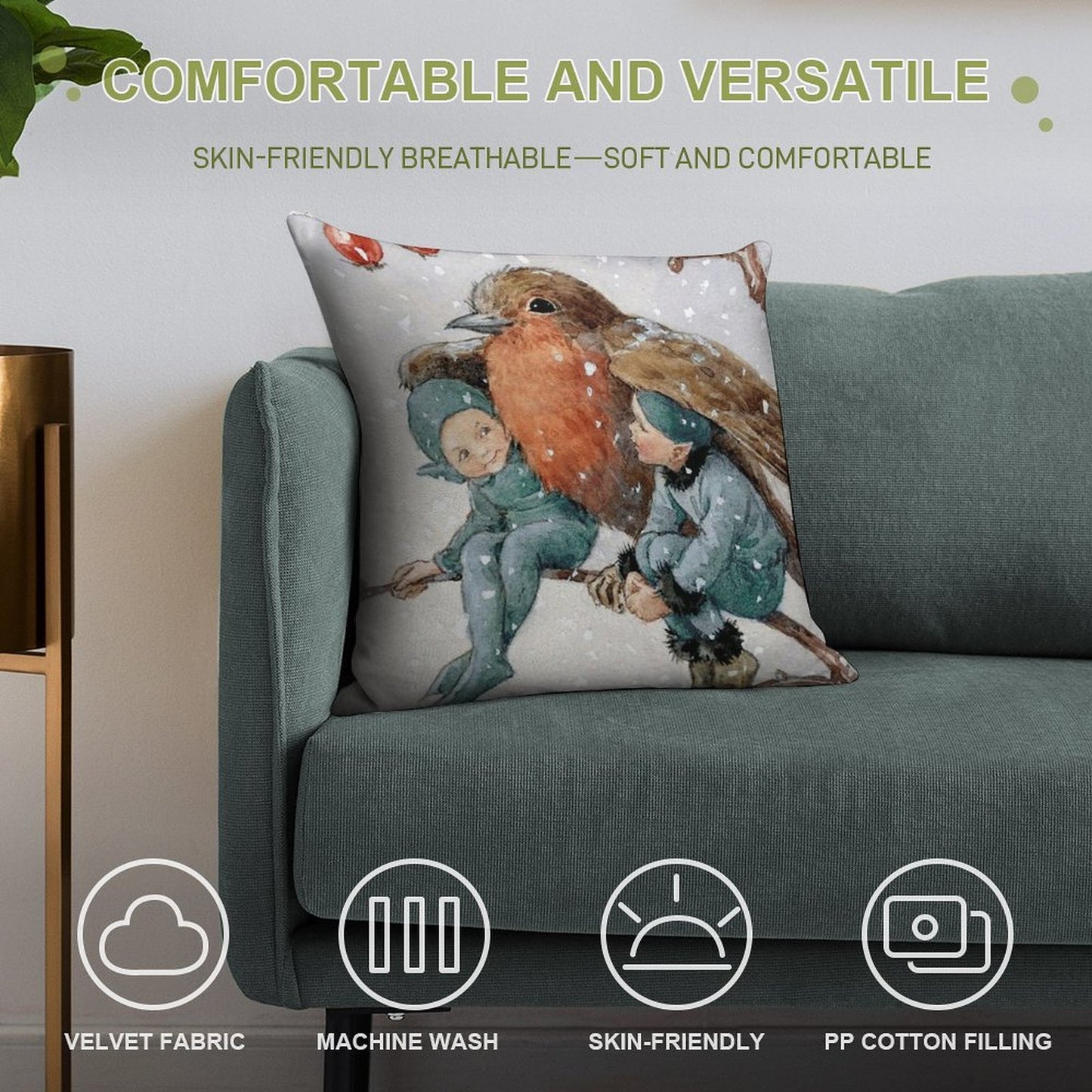 Christmas Elves Sheltering with A Robin - Margaret Tarrant Soft Luxury Feel Throw Pillow