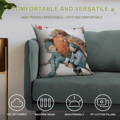 Christmas Elves Sheltering with A Robin - Margaret Tarrant Soft Luxury Feel Throw Pillow
