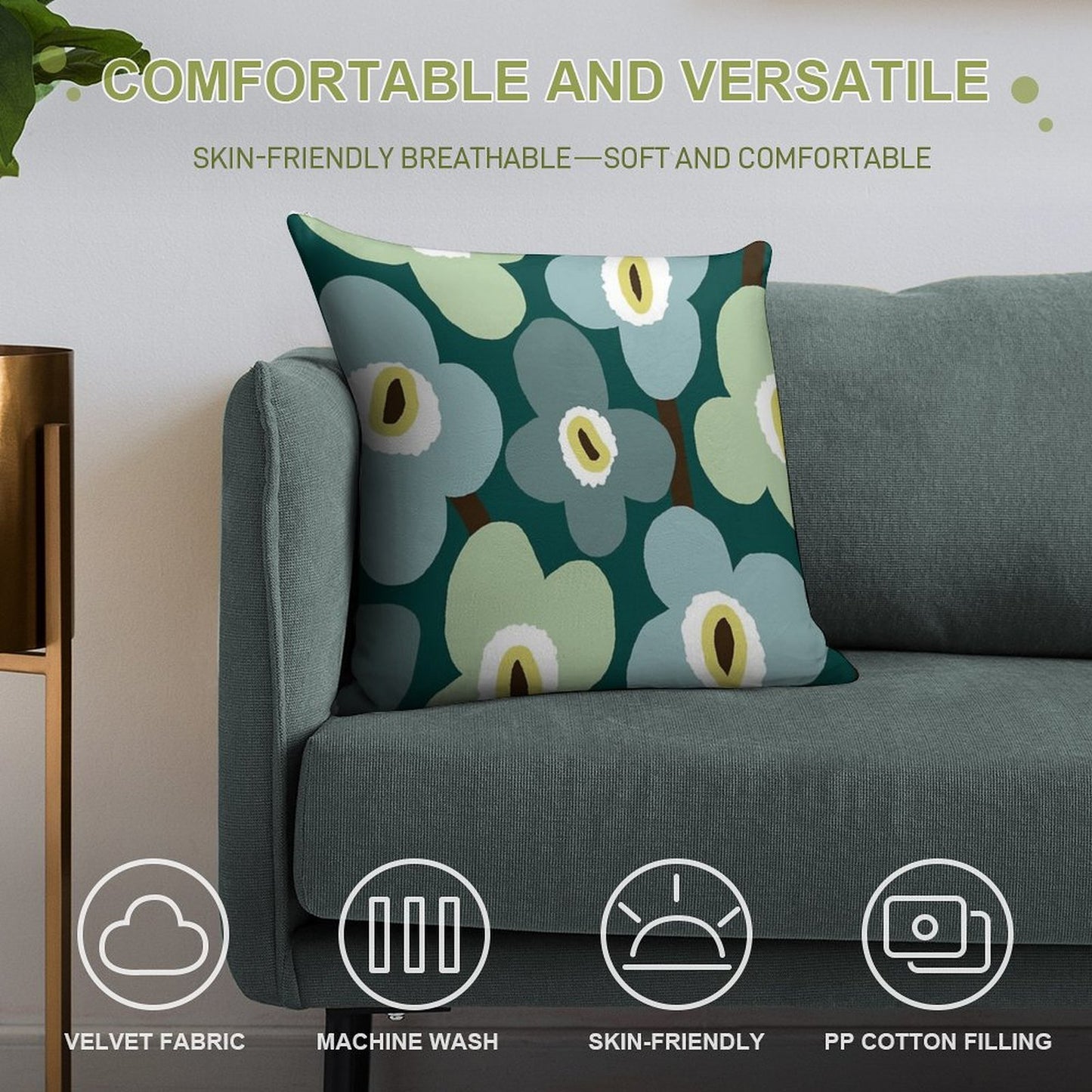 Iconic Retro Scandinavian Floral Pattern in Green And Blue Soft Gift Ready Throw Pillow