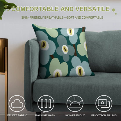 Iconic Retro Scandinavian Floral Pattern in Green And Blue Soft Gift Ready Throw Pillow