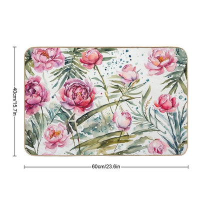 Beautiful Flower And Plant in Loose Watercolor Painting - Monstera Leaves. Peony And Rose Flowers in Soft Pastel Color  Odorless Bath Mat
