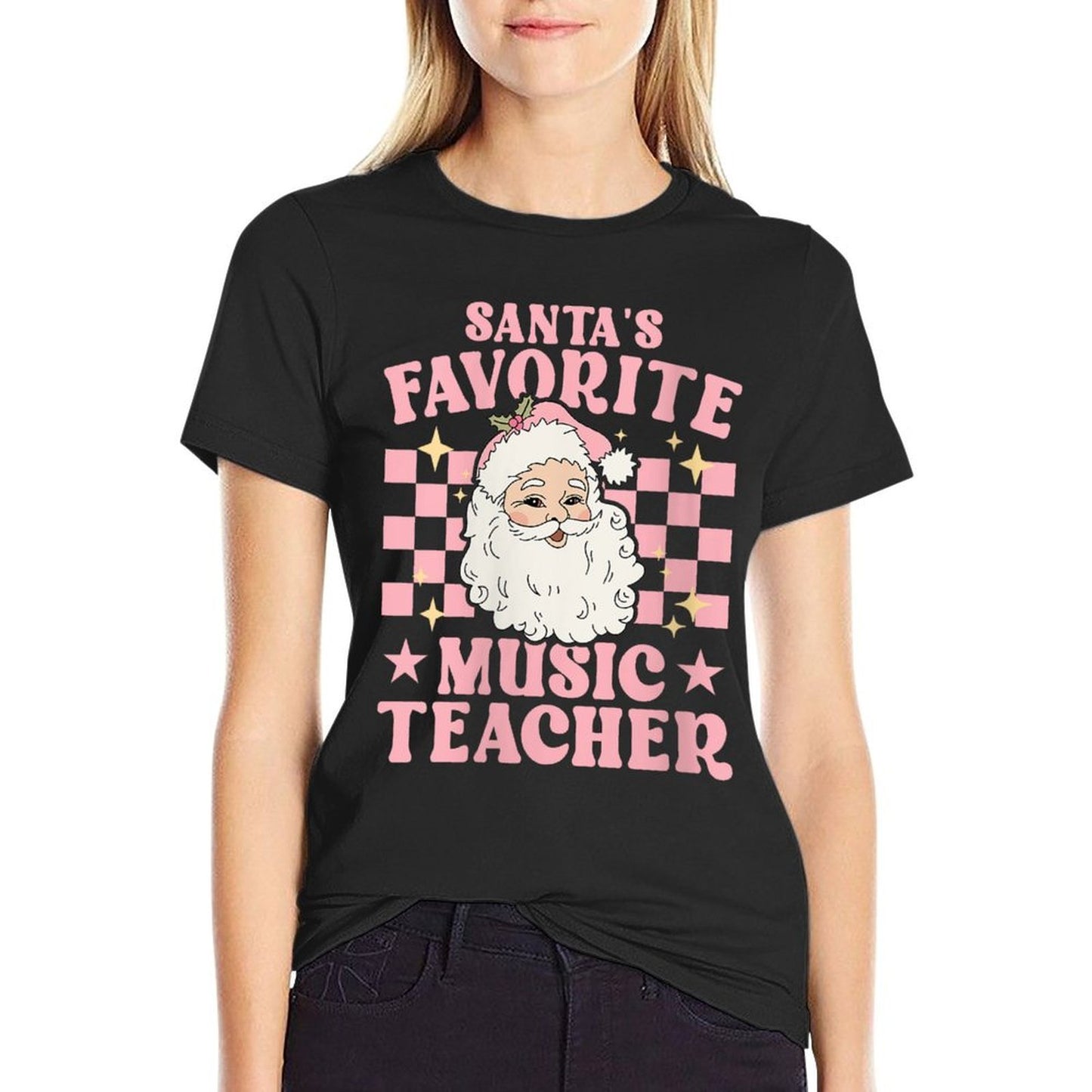 Vintage Pink Retro Christmas Santas Favorite Music Teacher  Moisture-wicking T-Shirt