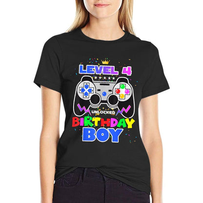 Birthday Boy Level 4 Unlocked Video Game 4th Birthday Gamer  Summer-ready Fabric T-Shirt