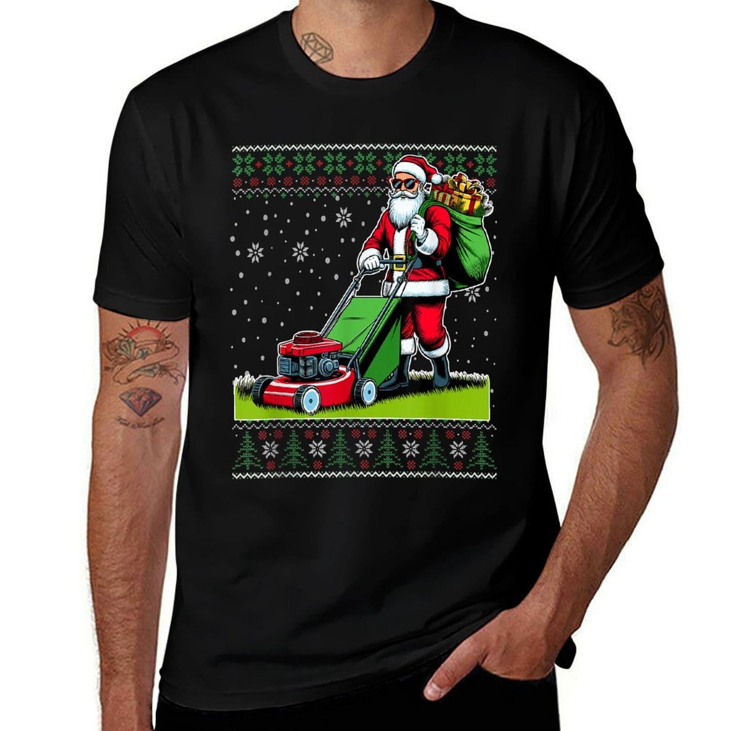 Christmas Santa Claus Mowing Lawn Ugly Christmas Sweater  Slim-fit Cut T-Shirt