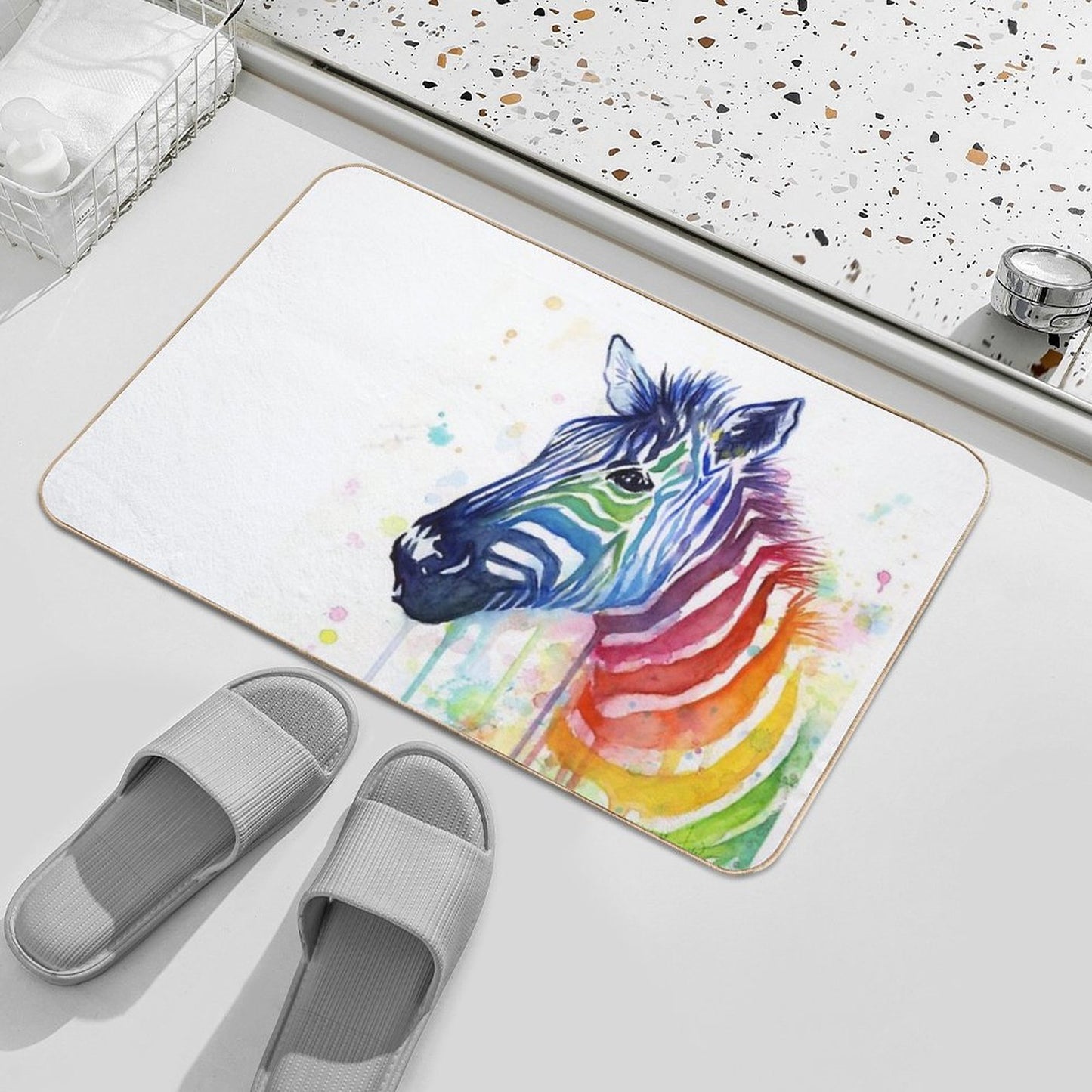 Rainbow Zebra Watercolor Animal Painting  Toxin-Free Bath Mat