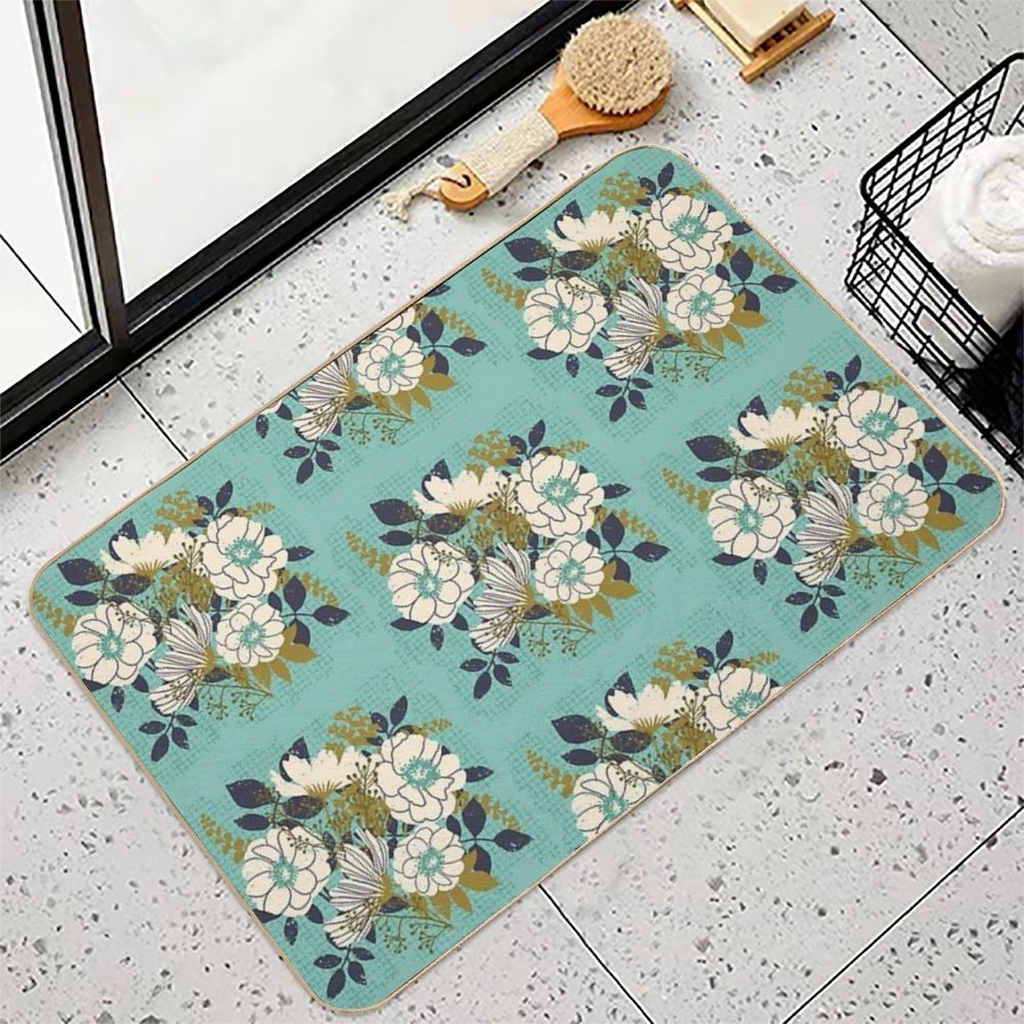 Floral Bouquet ~ on Turquoise  Rapid-Drying Bath Mat