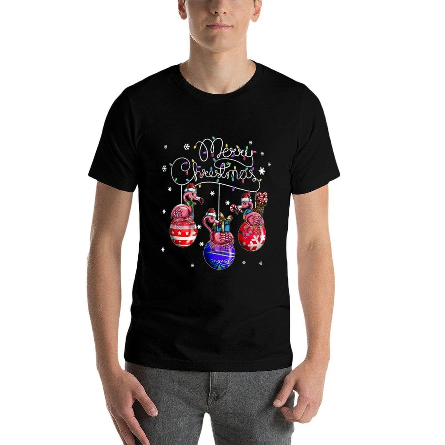 Merry Christmas Flamingo Christmas Ball Motif Christmas  Ribbed Collar T-Shirt