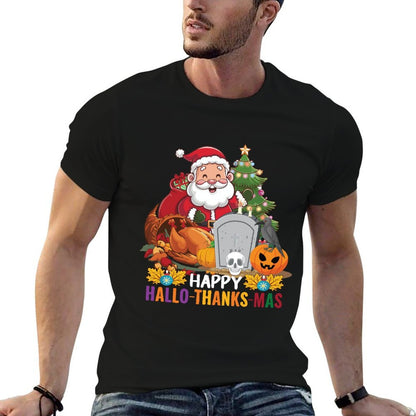 Happy Hallothanksmas Thanksgiving Halloween Merry Christmas  Rolled Sleeves T-Shirt