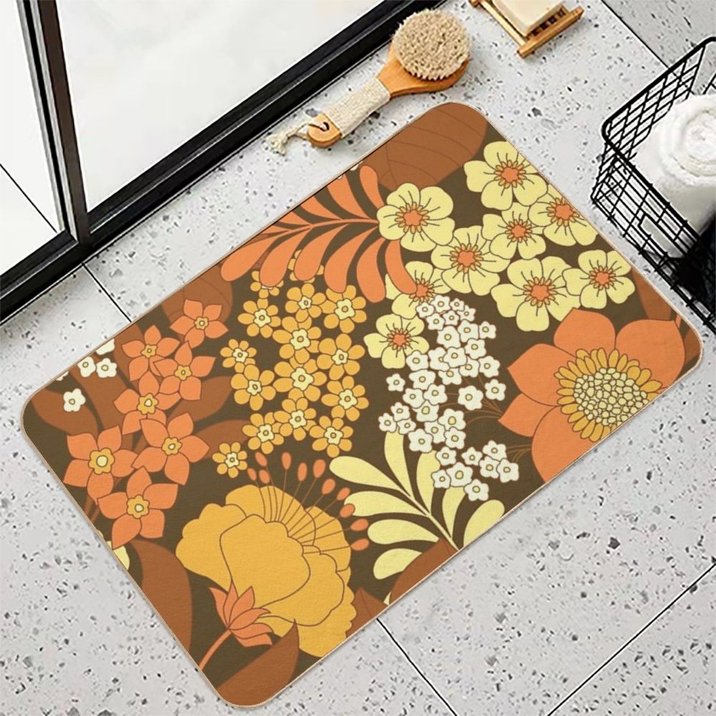 Brown, Yellow, Orange & Ivory Retro Flowers Durable Bath Mat