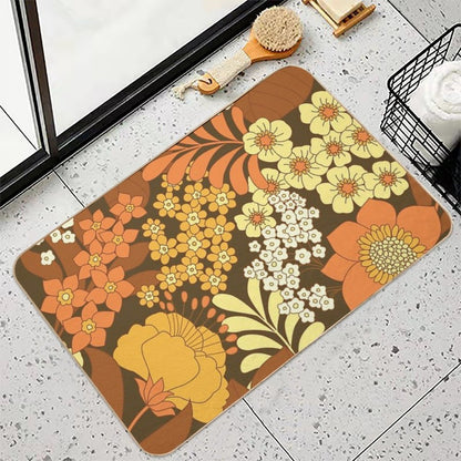 Brown, Yellow, Orange & Ivory Retro Flowers Durable Bath Mat