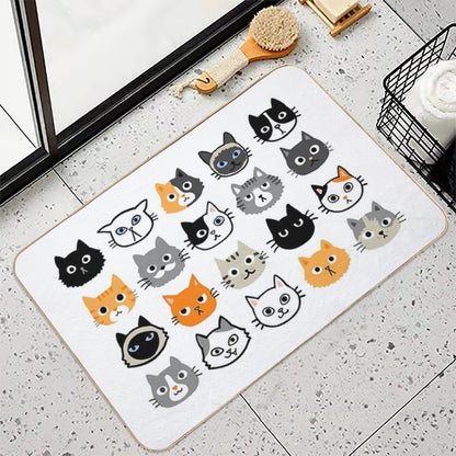 Assorted Cat Faces  Cute Quirky Kitty Cat Drawings  Non-Slip Bath Mat