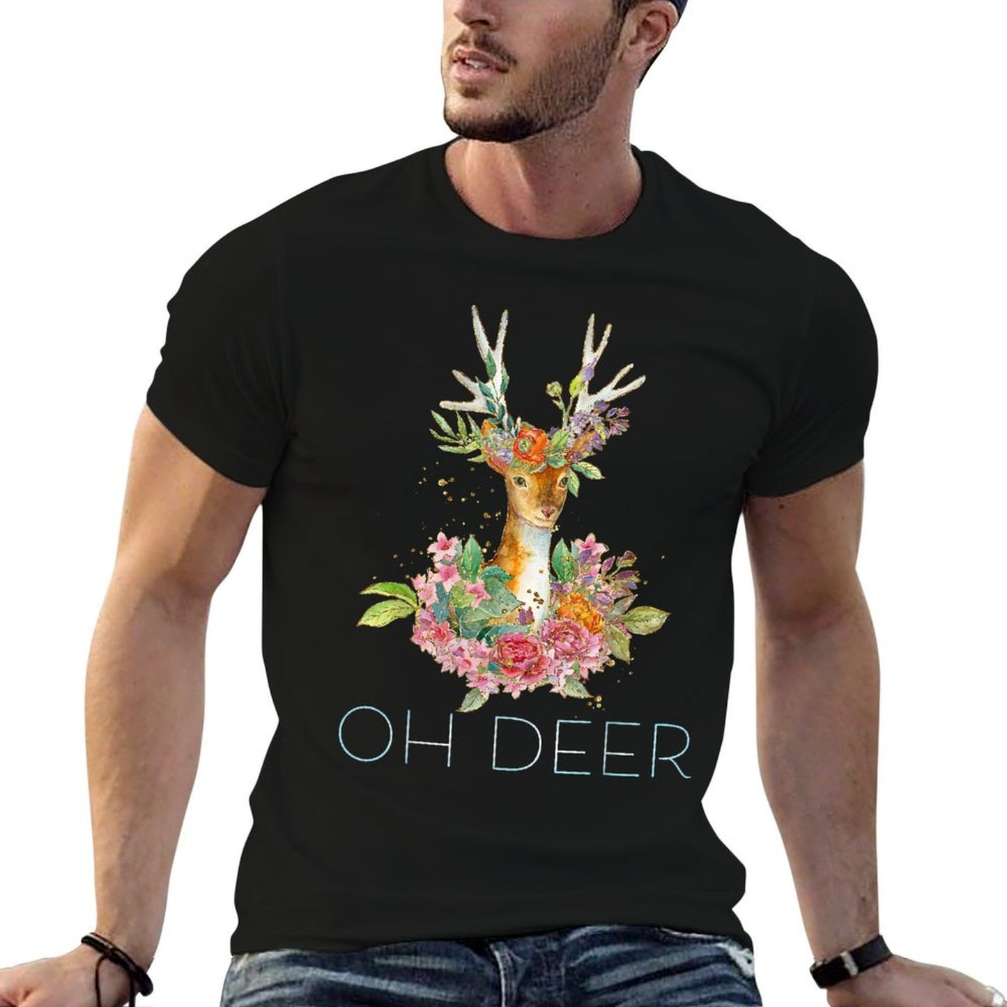 OH DEER - Cute Colorful Boho Floral Deer  Fade-proof Color T-Shirt