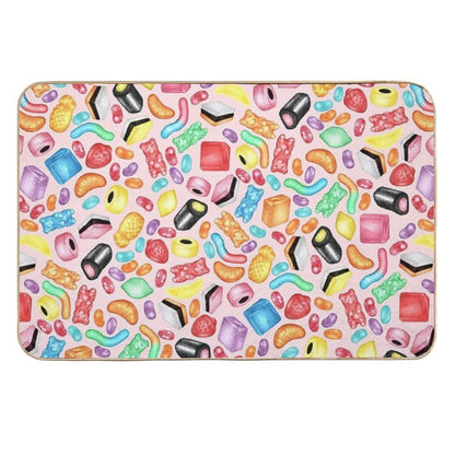 Rainbow Diet - A Colorful Assortment of Hand-drawn Candy on Pale Pink Durable Bath Mat