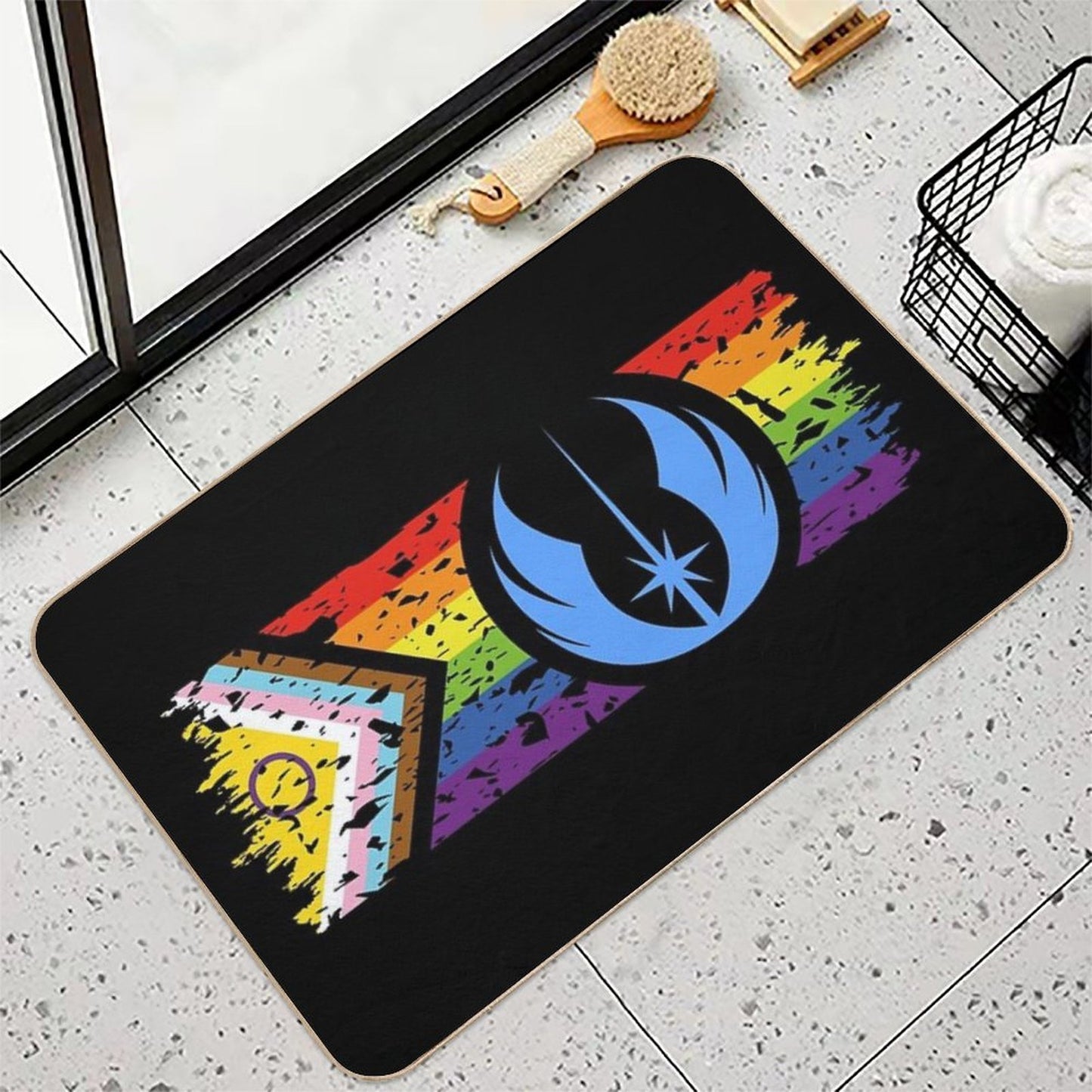 Star Pride - Jedi on Distressed Inclusive Progress Pride Flag (Dark)  Absorbent Bath Mat