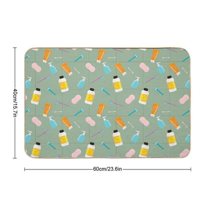 Seamless Vector Pattern of Bath Tubes, Bottles, Razers And Sponges Against Olive Tiled Wall  Odorless Bath Mat