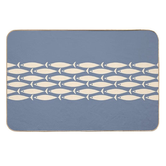 Fish Stripe 6 - Minimalist Mid Century Modern Pattern in Stone Blue And Cream  Repositionable Bath Mat