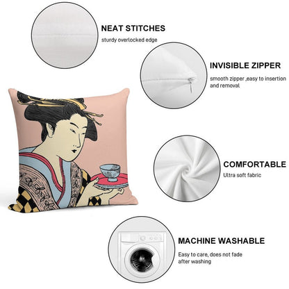 Geisha's Tea Time Soft Skin-Friendly Throw Pillow