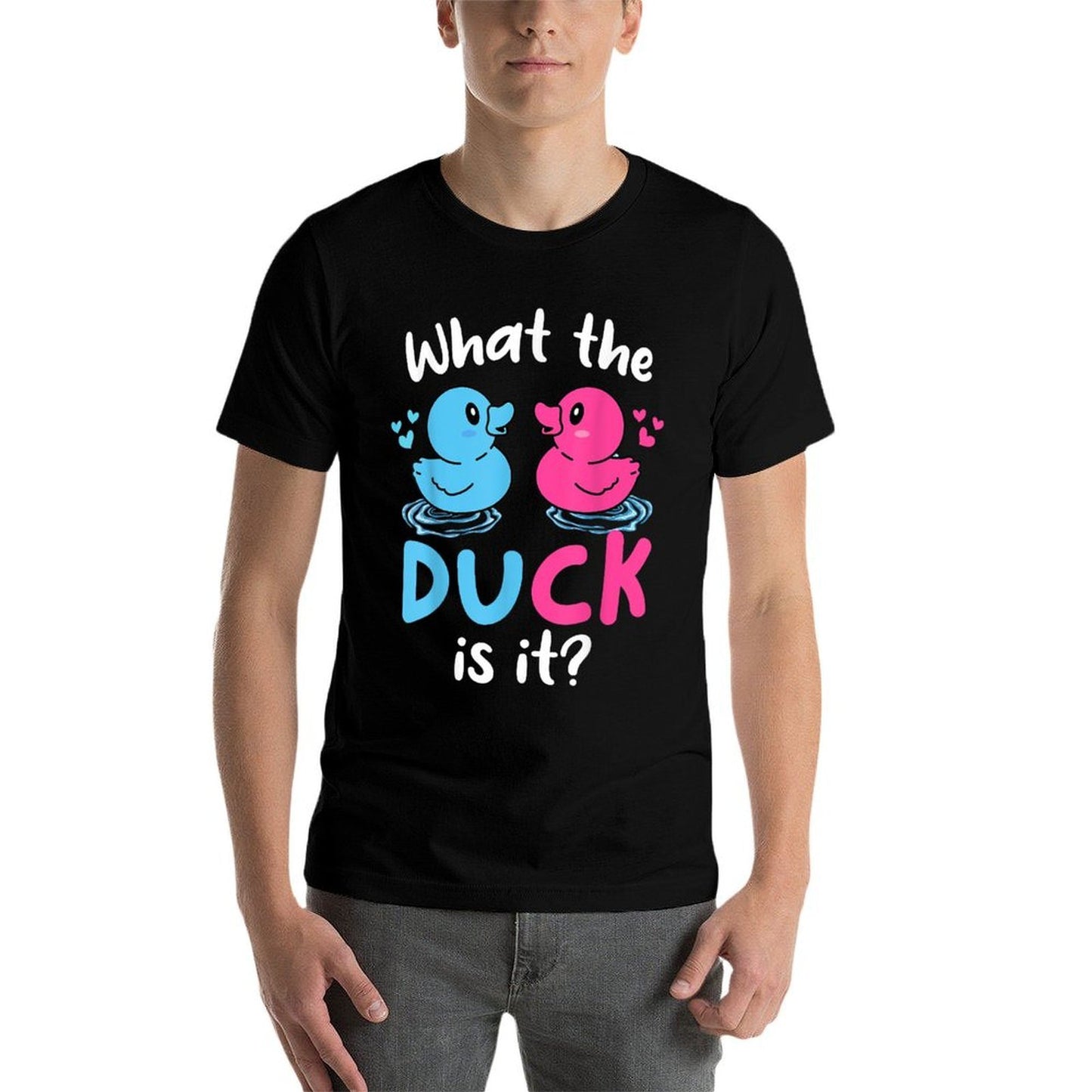 What The Ducks Is It Baby Gender Reveal Party Baby Shower  Ribbed Collar T-Shirt