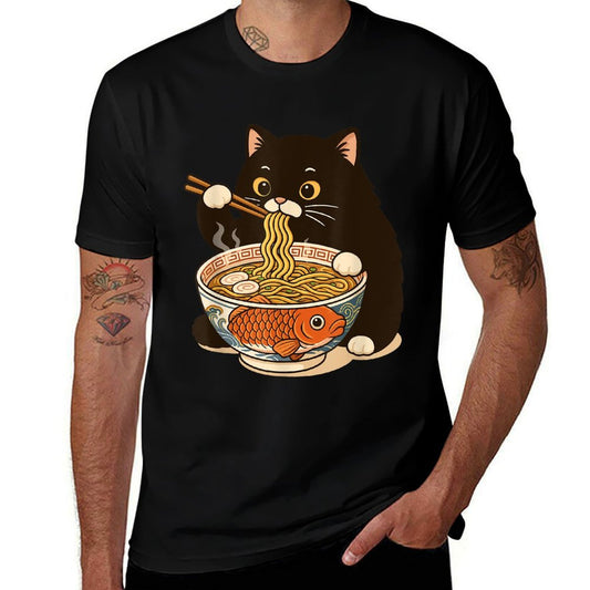 Fat Cat Ramen Anime Meme Eating Noodles Kawaii  High-quality Stitching T-Shirt