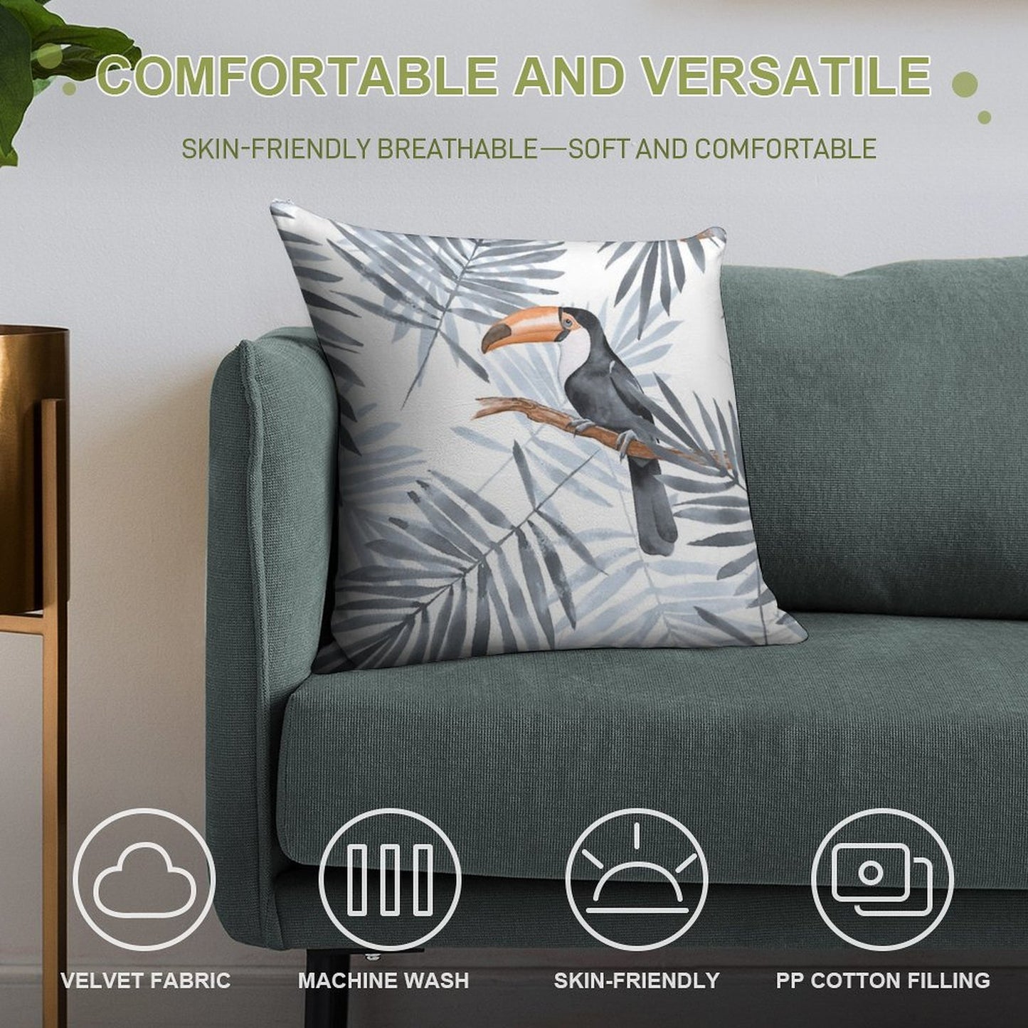 Palm Leaves And Toucan Soft Shrink-Resistant Throw Pillow