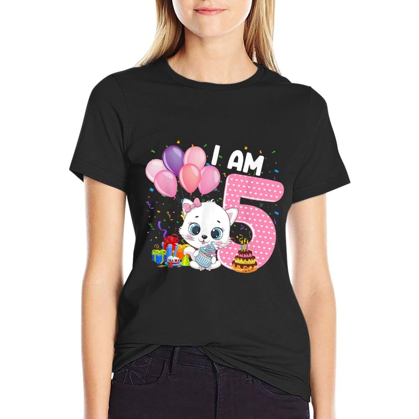 5 Years Old 5th Birthday Gift Kitty Girl Loves Cute Meow Cat  Lightweight T-Shirt