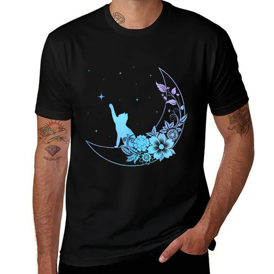 Cat Sitting On Crescent Moon Flowers Stars Women Girls Kids  Durable T-Shirt