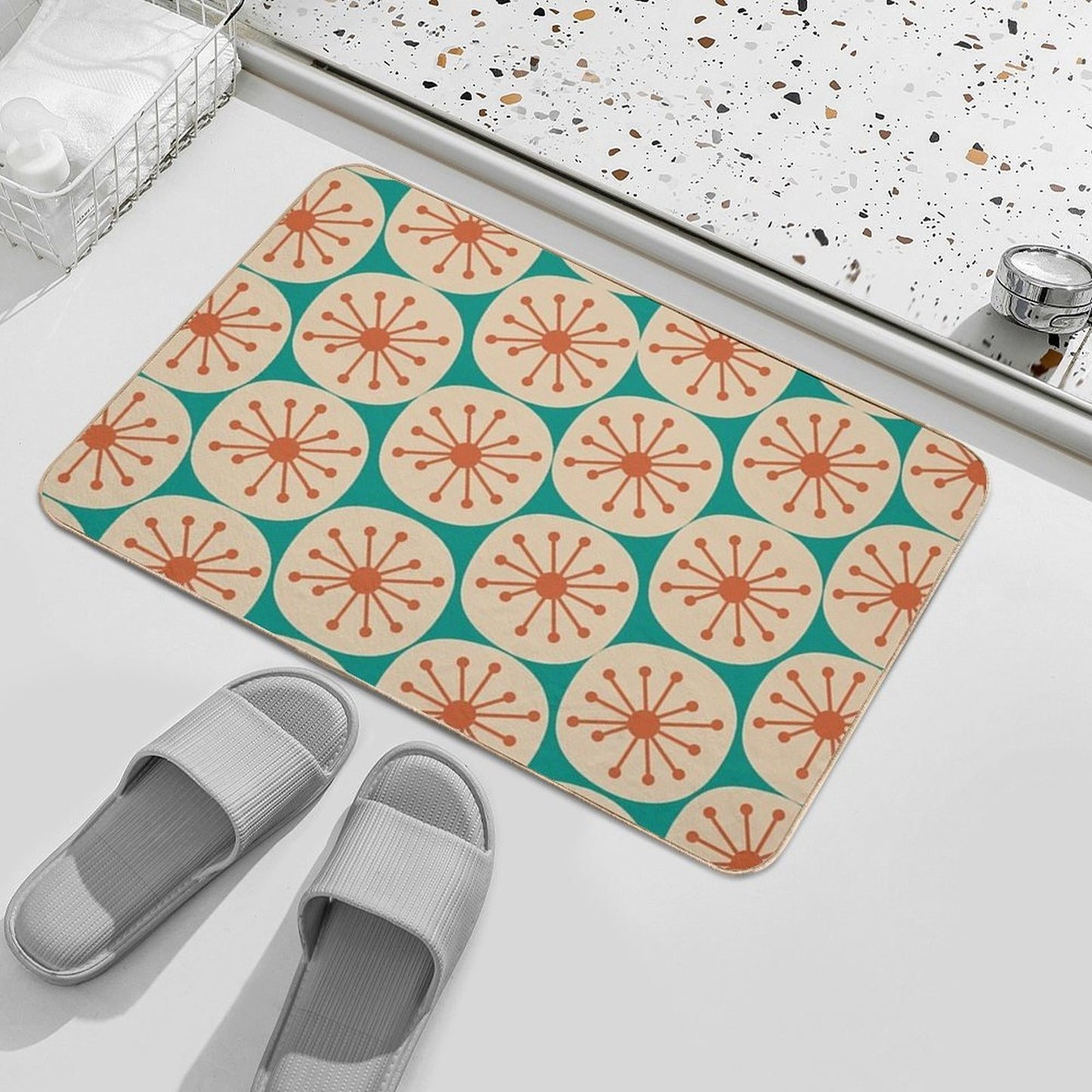 Atomic Retro Dots - Midcentury Modern Pattern in Mid Mod Burnt Orange, Beige, And Turquoise Teal  Multi-Purpose Bath Mat